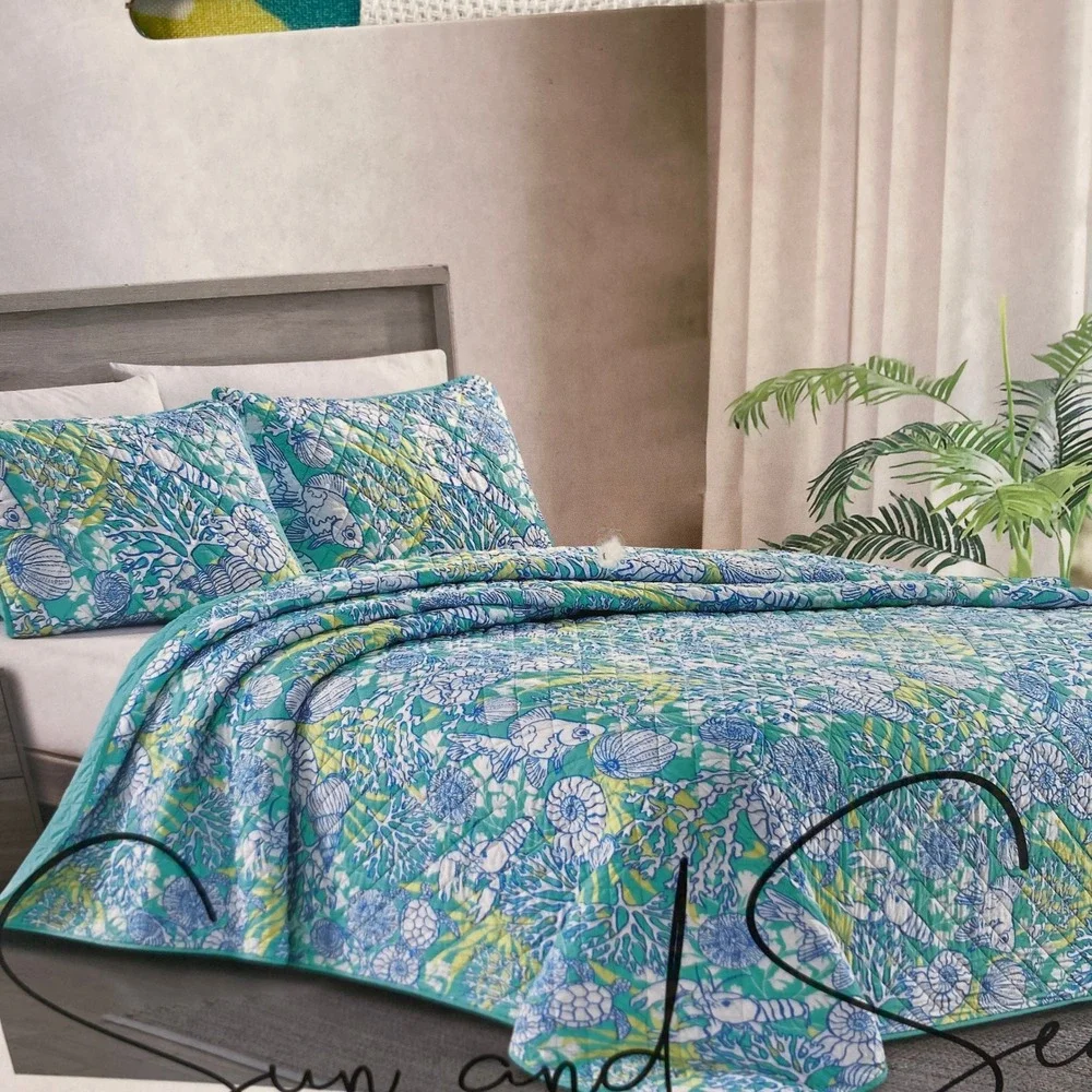 Sun and Sea Quilt Set Full Queen Teal Blue Coastal Marine Life Beach Tropical